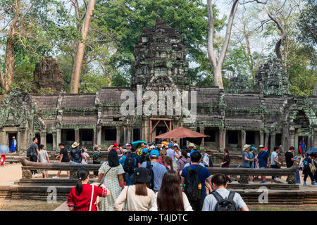 Touristen und Besucher, die beim Ta Prohm Tempel in Angkor Wat archäologischen Park in der Nähe von Siem Reap, Kambodscha Stockfoto