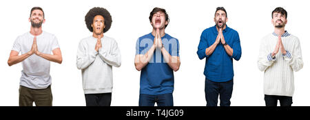 Collage der Gruppe von Menschen über Weiß isoliert Hintergrund betteln und mit Händen gemeinsam beten mit der Hoffnung Ausdruck auf dem Gesicht sehr emotional und worr Stockfoto