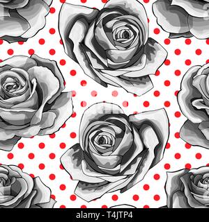 Nahtlose Muster, Hintergrund mit weißen Rosen, auf Polka Dots Hintergrund isoliert Stock Vektor