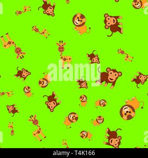 Nahtlose Muster der Giraffe Löwe und Affe. Vector Illustration im Cartoon Stil auf einem farbigen Hintergrund. Stock Vektor
