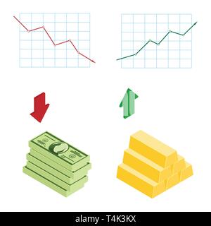 Grafik Börse steigende und fallende preis gold Bar, Dollar. Stock Vektor