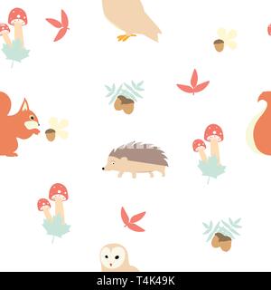 Wald nahtlose Muster mit niedlichen Tiere - Igel, Eichhörnchen und Eule. Stock Vektor
