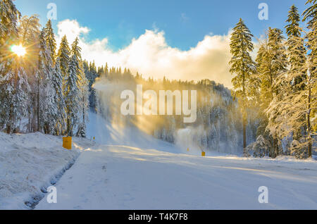 Die goldenen Sonnenuntergang auf einem Berge im Winter. Stockfoto