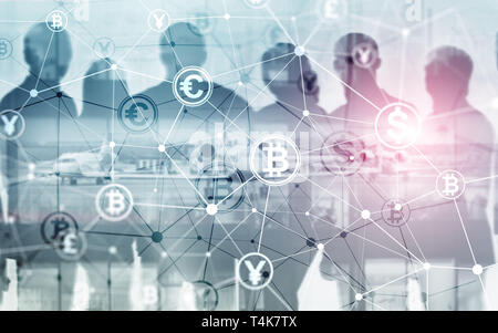 Bitcoin Euro Dollar Finanzen Web Geld Konzept. Auf virtuellen Bildschirm Double Exposure. Stockfoto