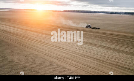 Traktor pflügt das Feld bei Sonnenuntergang. Landwirtschaft anzeigen Luftaufnahmen. Stockfoto