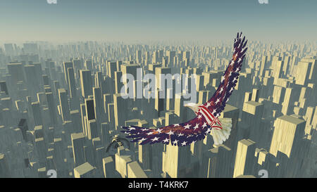 Vogel der freedomю Adler fliegt über futuristische Megalopolis. 3D-Rendering Stockfoto