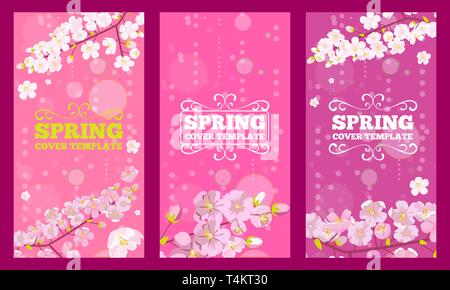 Set aus Kirschblüten verziert Cover-Design. Frühling Blume Konzept Flyer Design. Vektorgrafik Stock Vektor
