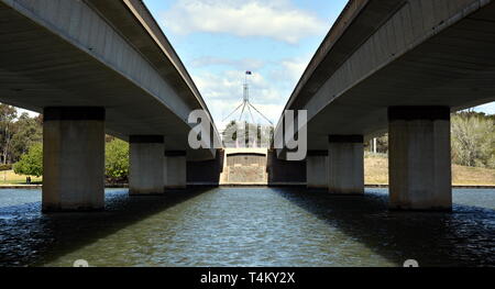 Commonwealth Brücke über den Lake Burley Griffin in Australien Hauptstadt Canberra. Australische Parlament am Ende der Brücke. Brücken zwei Roa Stockfoto