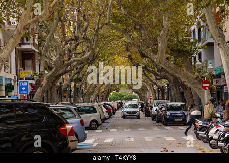 Denia, Alicante, Spanien, 21. November 2018: Marques de Campo Street, der Hauptstraße. Commercial Street Stockfoto