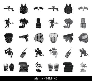 Kunst, Bälle, Fässer, Barricade, schwarz. mono, blau, Sammlung, Wettbewerb, Design, Ausstattung, Feld, fingerlose, Fahnen, Spiel, Handschuhe, Granaten, Gewehr, Hand, Handheld, Hobby, Icon, Illustration, isoliert, Logo, Maske, Militär, Outfit, Paintball, Player, Abspielen, Rot, Satz, Zeichen, Sport, Symbol, Team, Reifen, Transceiver, Uniform, Vector, Weste, web Vektor Vektoren, Stock Vektor