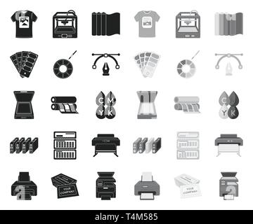 Typografische Produkte schwarz. mono Icons im Set Sammlung für Design. Druck und Ausrüstung vektor Symbol lieferbar Abbildung. Stock Vektor