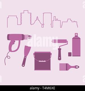 Vector Illustration mit Stadtbild und die Werkzeuge für die Vorbereitung, die Färbung der Oberflächen. Gebäude, den Bau und die Reparatur Tools. Malerei und rep Stock Vektor