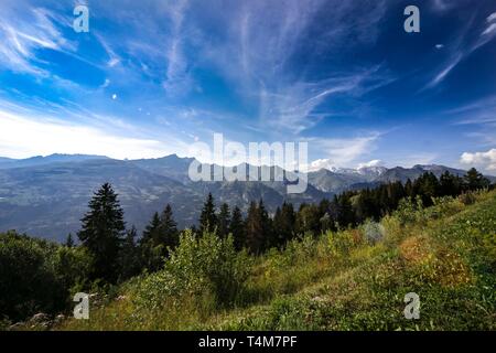 Atemberaubende alpine View mit Wiesen und Wald, Les Arcs, Frankreich. Stockfoto