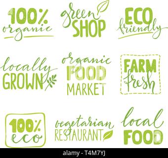 Vektor für gesunde Ernährung Etiketten mit handgezeichneten Schriftzug. Stock Vektor
