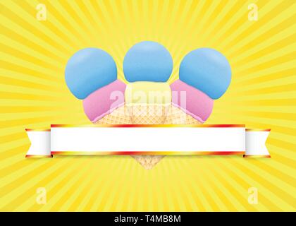 Sommer poster Design. Drei Eis mit glänzenden Schleife in der Mitte. Rosa und Blau Schaufel in süßen Wafer, mit abstrakten gelb gestreifte Runde zurück Stock Vektor