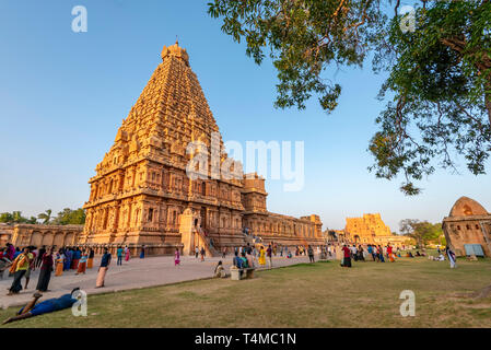 Horizontale Ansicht des Brihadishvara Tempel in Thanjavur, Indien. Stockfoto