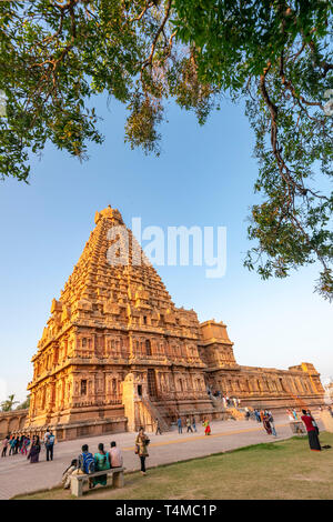 Vertikale Ansicht des Brihadishvara Tempel in Thanjavur, Indien. Stockfoto