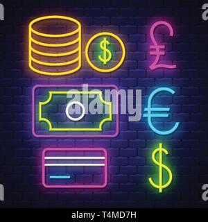 Geld- und Bankenstatistik, Neon signs Collection. Geld- und Bankenstatistik, Zeichen. Leuchtreklamen. Vektor Stock Vektor