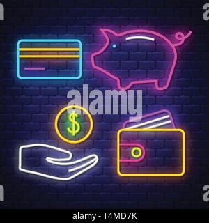 Geld- und Bankenstatistik, Neon signs Collection. Geld- und Bankenstatistik, Zeichen. Leuchtreklamen. Vektor Stock Vektor