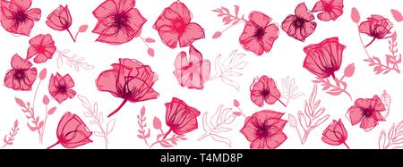 Mohn Blumen doodles Abbildung: Volle Vektor großes Banner Stock Vektor