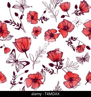 Schmetterlinge und Mohn Illustrationen nahtlose Vektor Hintergrund Stock Vektor