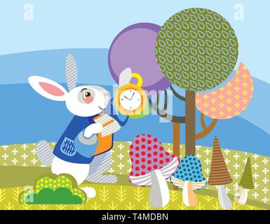 Bunt dekorativ Vektor Bild White Rabbit mit goldene Uhr in den Wald. Alice im Wunderland - Kunstfigur, Vektor cartoon Flachbild Abbildung Stock Vektor