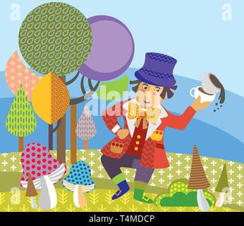 Bunt dekorativ Vektor Bild Mad Hatter mit Tasse Tee tanzen im Wald. Alice im Wunderland - Kunstfigur, Vektor cartoon Flachbild illustra Stock Vektor