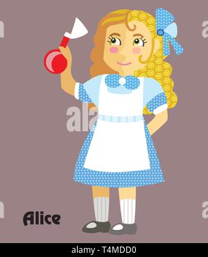 Bunt dekorativ Umrisse Portrait von Mädchen im blauen Kleid mit Trank in der Hand. Alice im Wunderland, Vektor cartoon Flachbild Abbildung in verschiedenen Stock Vektor