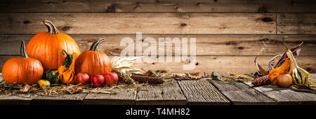 Thanksgiving mit Kürbisse Maiskolben und Äpfel auf hölzernen Tisch Stockfoto