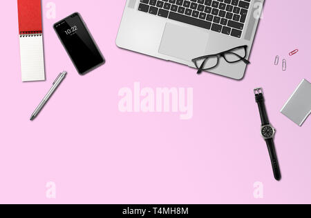 Moderne Büro Schreibtisch mockup Draufsicht isoliert auf Rosa Stockfoto