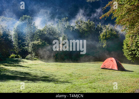 Morgennebel am Camping Rio Gonzalez, pumalin Nationalpark, Patagonien, Region de los Lagos, Chile Stockfoto