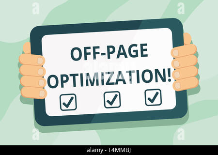 Handschrift text Off Page Optimierung. Konzeptionelle Foto Set von Techniken, um Ihre Website zu s ist ranking Farbtafel Smartphone mit leeren Sc erhöhen Stockfoto