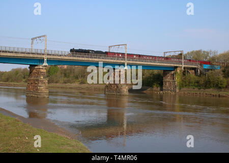 Die salopian Express Dampf bespannt Sonderzug auf der West Coast Main Line, Kreuzung Carlisle Brücke über den Fluss Lune im Lancaster am 17. April 2019. Stockfoto