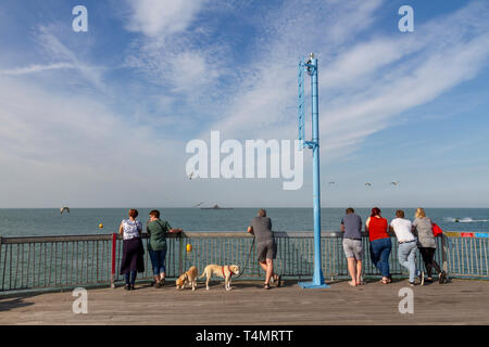 Besucher mit Blick auf die Mündung der Themse vom Pier in Herne Bay, Kent, England. Stockfoto