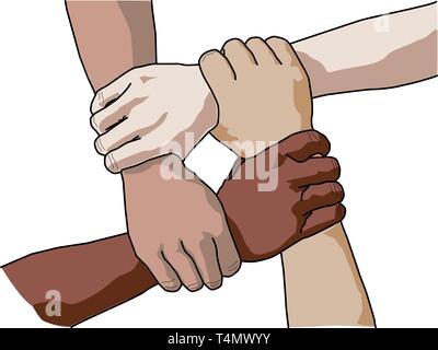 Vier verschiedene Männer halten jedes anderen Handgelenken in einem Kreis. Ansicht von oben. Stock Vektor