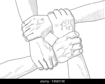 Vier verschiedene Männer halten jedes andere Handgelenke. Ansicht von oben. Stock Vektor