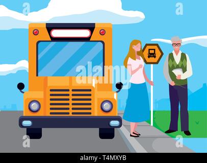 Lehrer Paar im Stop bus Vector Illustration Design Stock Vektor