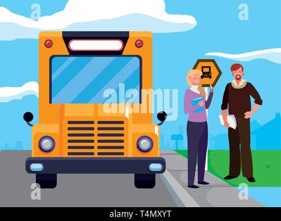 Lehrer Paar im Stop bus Vector Illustration Design Stock Vektor