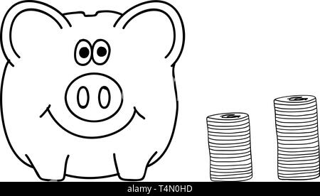 Sparschwein und Münzen. Doodle Vektor Stock Vektor