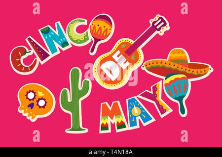 Cinco de Mayo Feier in Mexiko. 5. Mai, Lateinamerika Urlaub. Bunte, detaillierte, viele Objekte im Hintergrund. Vector Template mit traditionellen Me Stock Vektor