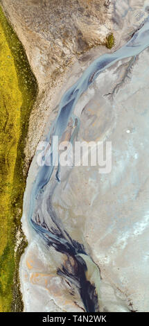 Riverbed Muster, Skafta Fluss, Island Dieses Bild wird mit einer Drohne erschossen. Stockfoto