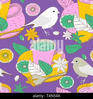 Die nahtlose Vektor Hintergrund mit Zeichnung Teetassen und Vögel Stock Vektor