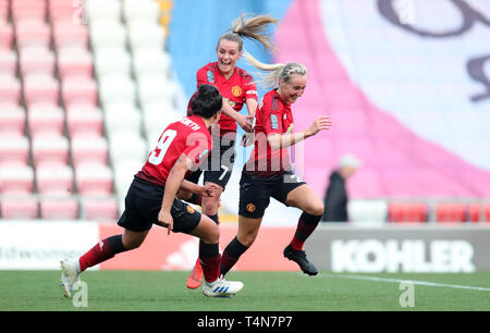 Von Manchester United Millie Turner feiert, nachdem Sie die Punktzahlen der es 1-0 während der FA Frauen Gleiches an Leigh Sports Village machen. Stockfoto