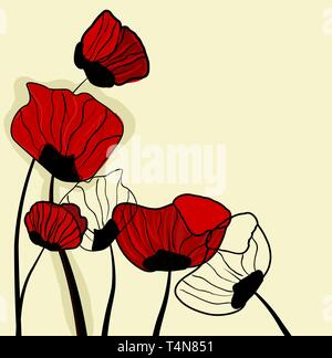 Abstrakte braun vector Hintergrund mit Zeichnung rot popies Stock Vektor