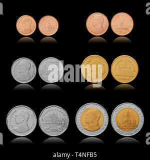 Thailand Münzen Sammlung. 25, 50 Satang, ฿ 1, 2, 5, 10 Baht (THB). Größe und Anteil erhalten. Auf schwarz isoliert. Stockfoto