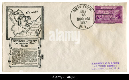 Uns historische Umschlag: Abdeckung mit Gütesiegel Northwest Territory, Briefmarke Verpackungsverordnung von 1787 Putnam - Cutler, Post Stornierung, NY 1937 Stockfoto
