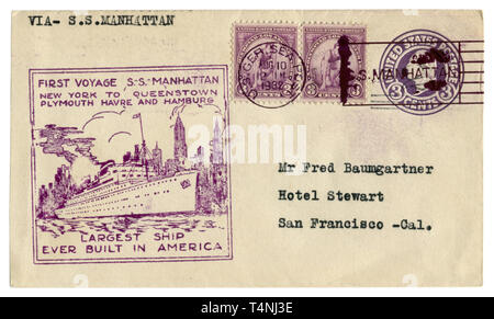 Uns historische Umschlag: Abdeckung mit Gütesiegel ersten Reise S.S. Manhattan und dir Briefmarke 10 Olympiade in Los Angeles, George Washington, 1932 Stockfoto