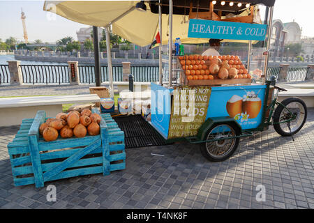 DUBAI, VAE, 09 Januar, 2019: Street Hersteller verkauft frische Orangen und Kokosnuss mit einem mobilen Fahrrad Warenkorb Stockfoto