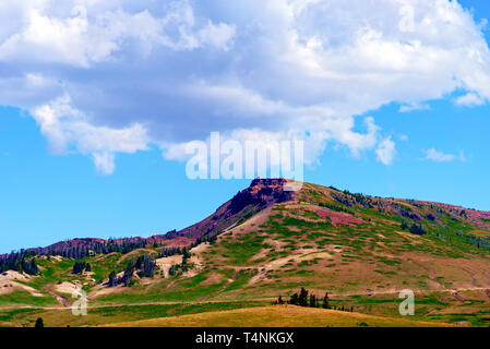 Grüne Felder und kleine Hügel, die Art und Weise zu Green Mountain unter einem blauen Himmel mit weißen Wolken. Stockfoto