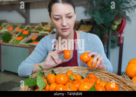 Lächelnd Material in Schürze verkaufen süssorangen Stockfoto